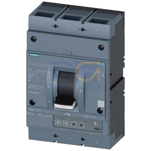 circuit breaker 3VA2 IEC Frame 1000 breaking capacity class M Icu=55 kA @ 415 V 3-pole, line protection ETU350, LSI, In=630 A overload protection I...