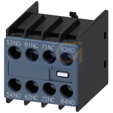 Auxiliary switch on the front, 2 NO + 2 NC Current path 1 NO, 1 NC, 1 NC, 1 NO for 3RH and 3RT screw