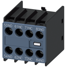 Auxiliary switch on the front, 2 NO + 2 NC Current path 1 NO, 1 NC, 1 NC, 1 NO for 3RH and 3RT screw