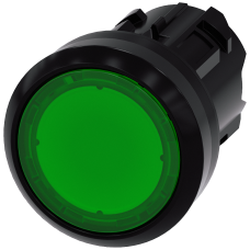 Green - Plastic illuminated push button with flat button, momentary Contact