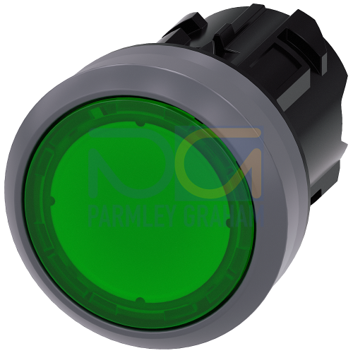 Green - Plastic with Metal front ring illuminated push button with flat button, momentary Contact