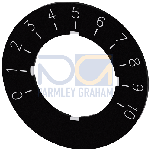 Labeling plate for potentiometer, black label, white font, with inscription: 0...10, Outer diameter