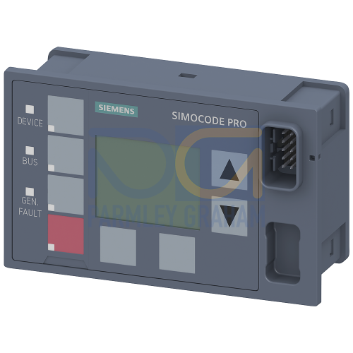 Operator panel with display for SIMOCODE pro V, installation in control cabinet door or front plate; can be plugged onto basic unit or extension modules, 7 LEDs for status display and 4 freely assigna