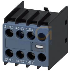 Auxiliary switch on the front, 2 NO + 1 NC Current path 1 NC, 1 NO, 1 NO for 3RH and 3RT screw terminal 31/32, 43/44, 53/54 Special inscription