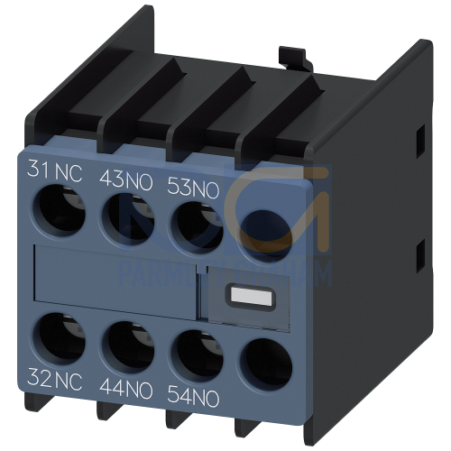 Auxiliary switch on the front, 2 NO + 1 NC Current path 1 NC, 1 NO, 1 NO for 3RH and 3RT screw terminal 31/32, 43/44, 53/54 Special inscription