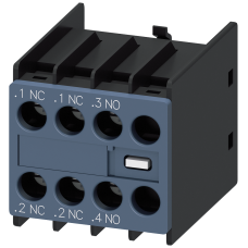 Auxiliary switch on the front, 1 NO + 2 NC Current path 1 NC, 1 NC, 1 NO for 3RH and 3RT screw termi