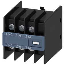 Auxiliary switch on the front, 1 NO + 2 NC Current path 1 NC, 1 NC, 1 NO for 3RH and 3RT Ring cable