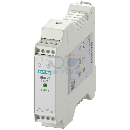 SITRANS TR320 Temperature transmitter for rail mounting, with one configurable input and a galvanically isolated 2-wire output.