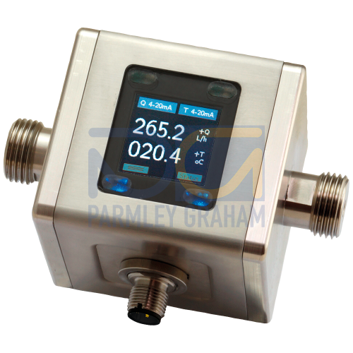 SITRANS FM100 Full-bore electromagnetic flowmeter, process connection G 1/2 to G 2 (1/4" to 2" NPT adapter existing). Suitable for volume flow and temperature measurement of liquids (conductive) in p