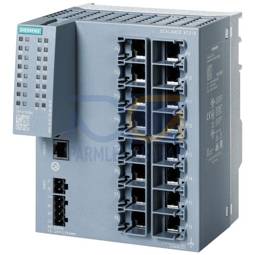 SCALANCE XC216 managed Layer 2 IE switch IEC 62443-4-2 certified 16x 10/100 Mbps RJ45 ports 1x console port, diagnostics LED redundant power suppl