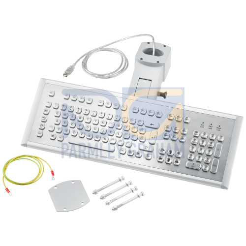 IP65 stainless steel keyboard for mounting on all fully IP65-enclosed 16:9 HMI/IPC devices. With numerical keypad, Layout: US, inclination adjustable mouse control via integrated Keys